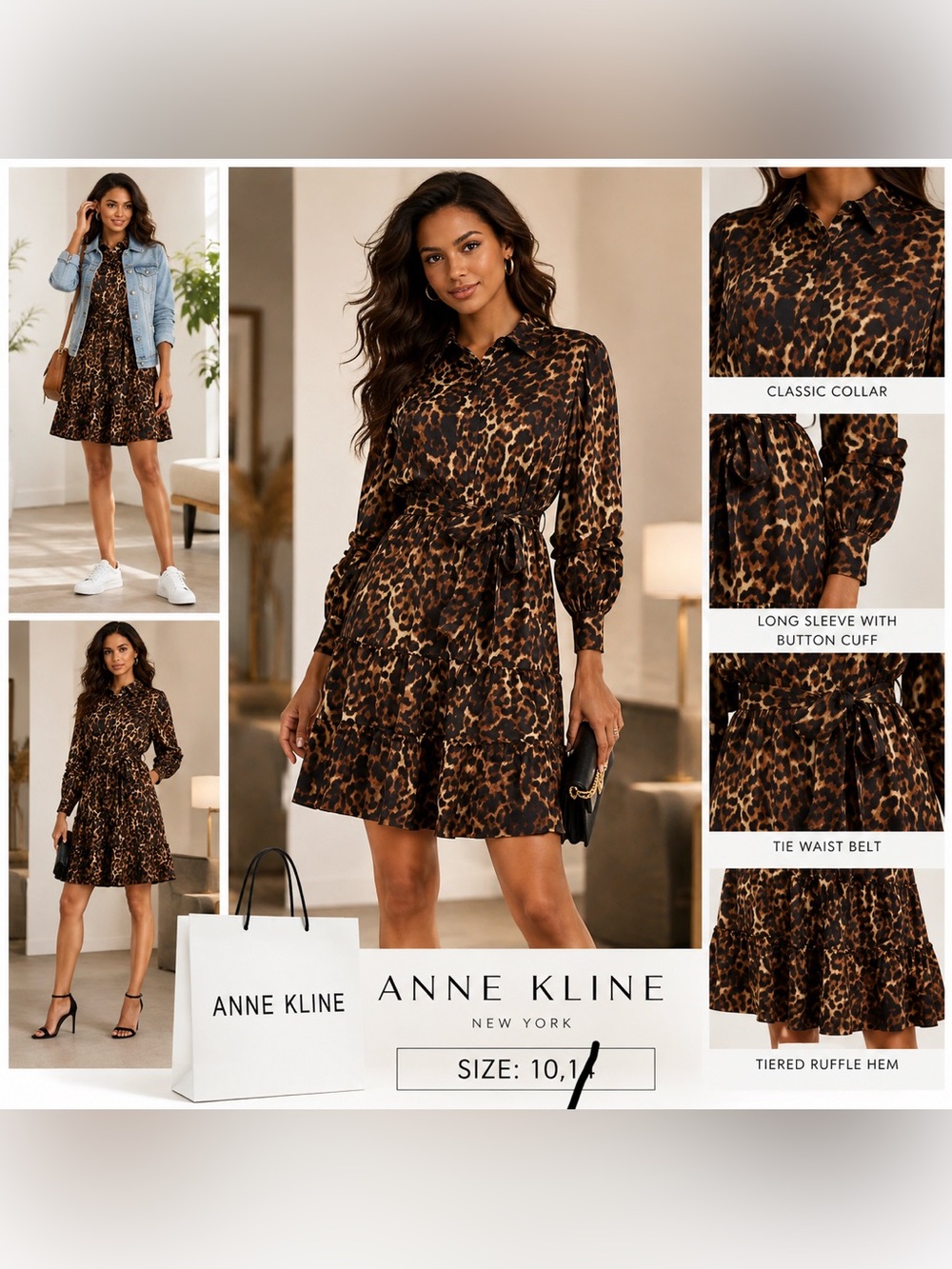 Anne Klein Brown and Black Leopard Print Long Sleeve Tie-Waist Dress